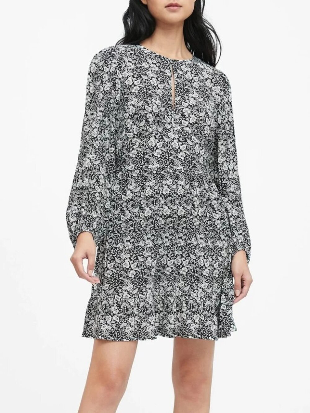 Banana Republic Keyhole Neck Floral Long Sleeve Mini Dress Balloon Sleeve Sz 4